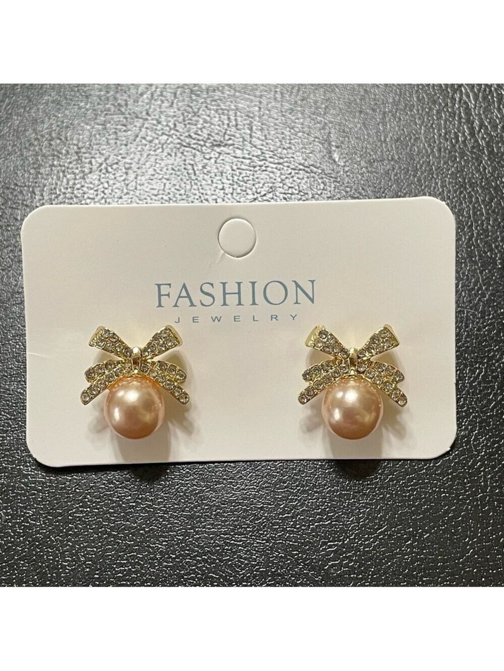 Gold Bow Faux Pearl Earrings With Clear Crystals New